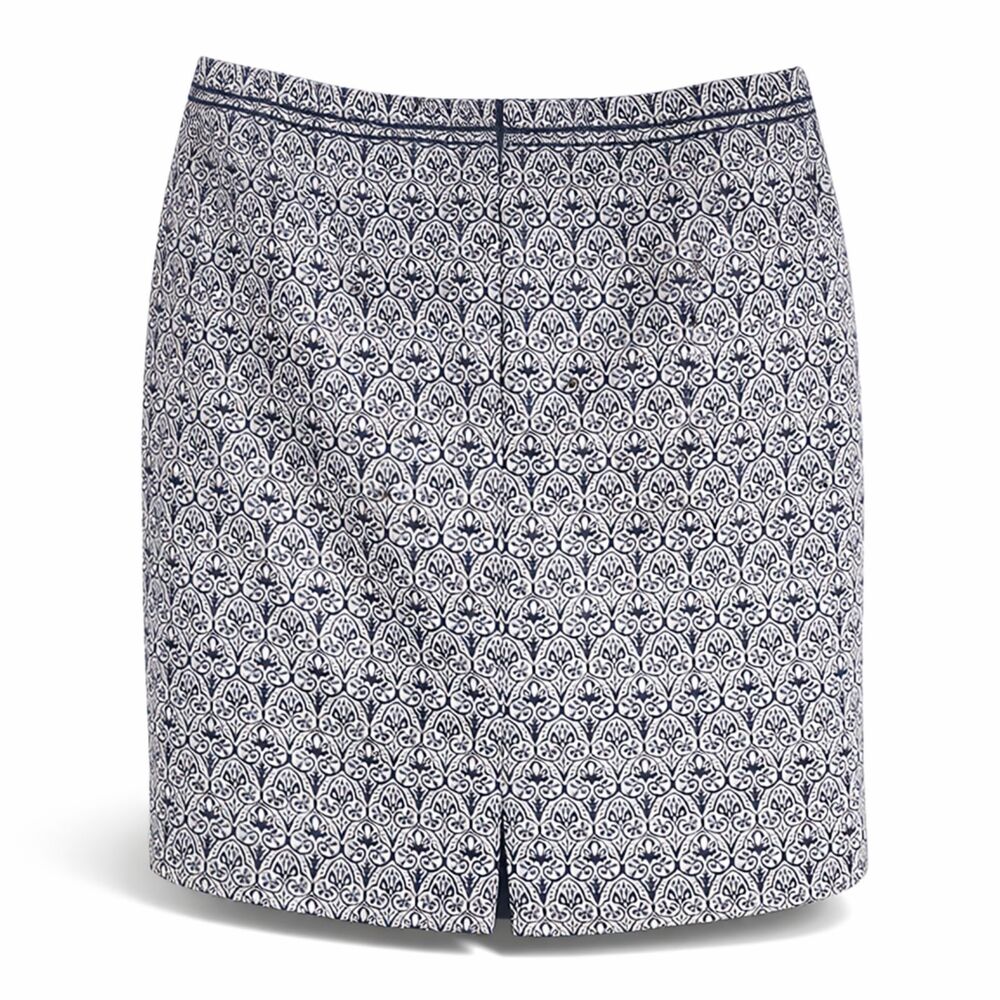 Tory Burch Heidi Pencil Skirt Size 12 Navy Blue Ivory Jacquard Knee Length